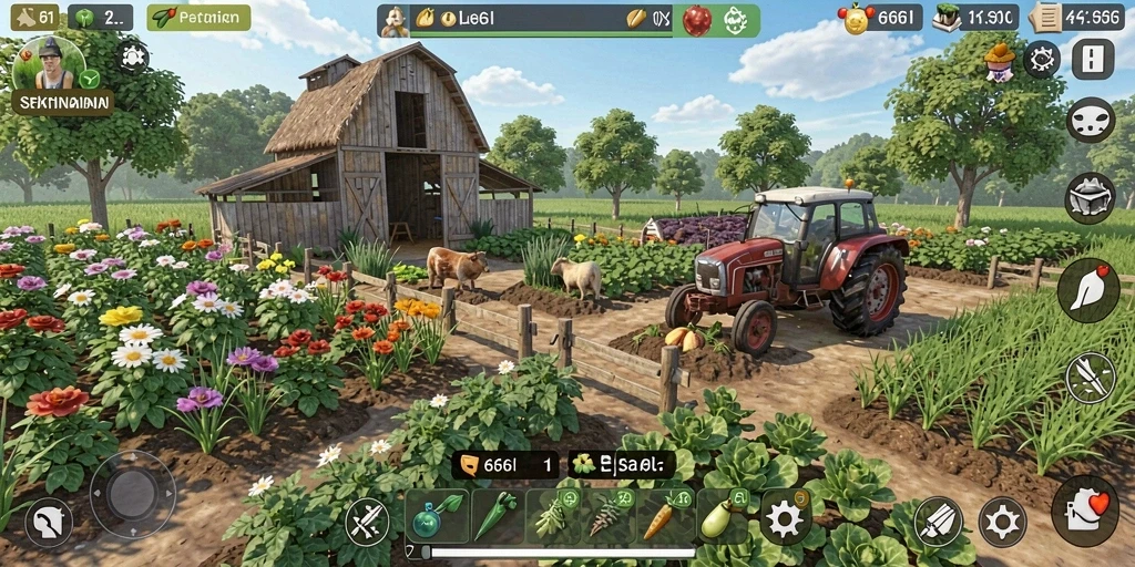 Tampilan gameplay 666I dengan ladang yang hijau subur dan hewan ternak.