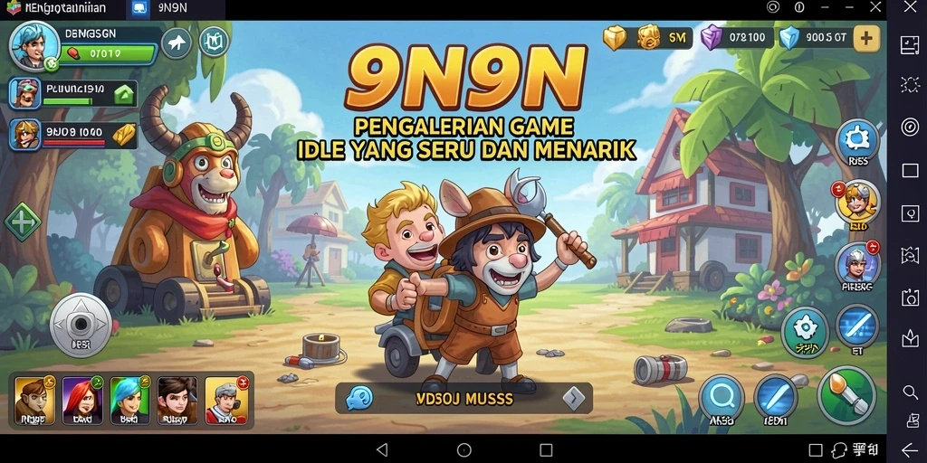 Tampilan dari gameplay 9N9N dengan karakter unik dan interaksi Idle.