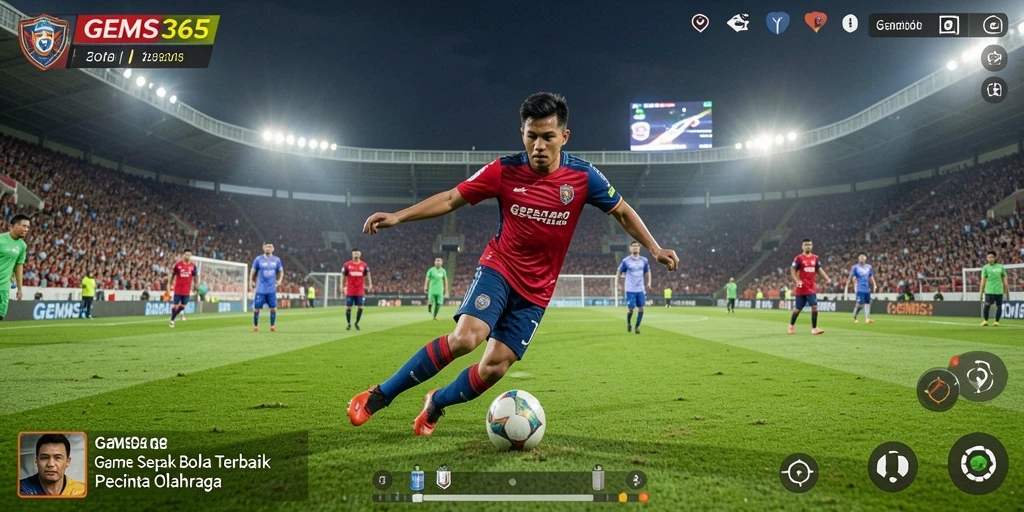 Screenshot gameplay GEMS365 yang menampilkan aksi seru di lapangan sepak bola.