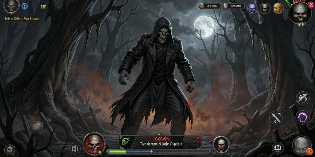 Screenshot GOWIN menampilkan suasana horor yang menakutkan dan gameplay yang intens.