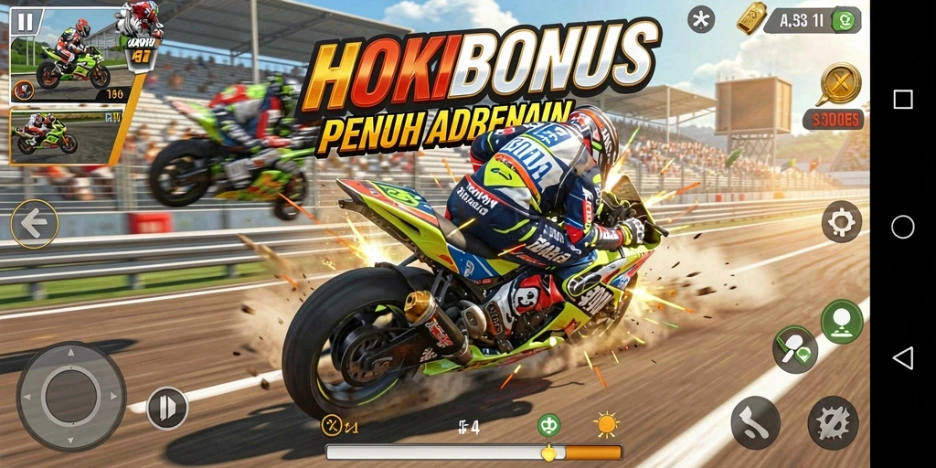 Tangkapan layar HOKIBONUS menampilkan aksi balapan motor yang mendebarkan.