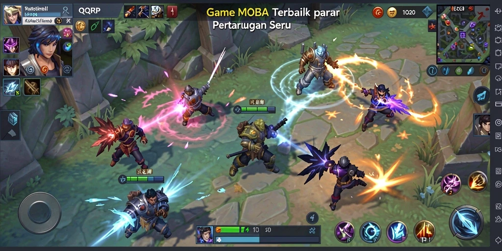 Screenshot gameplay QQRP menampilkan pertarungan intens di arena MOBA.
