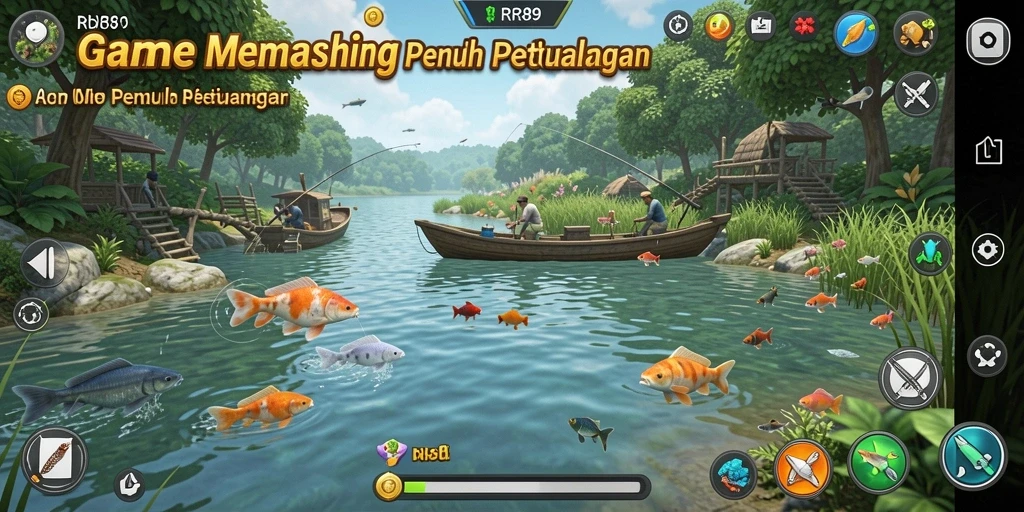 Tampilan gameplay RR89 yang menggembirakan saat memancing di perairan indah.